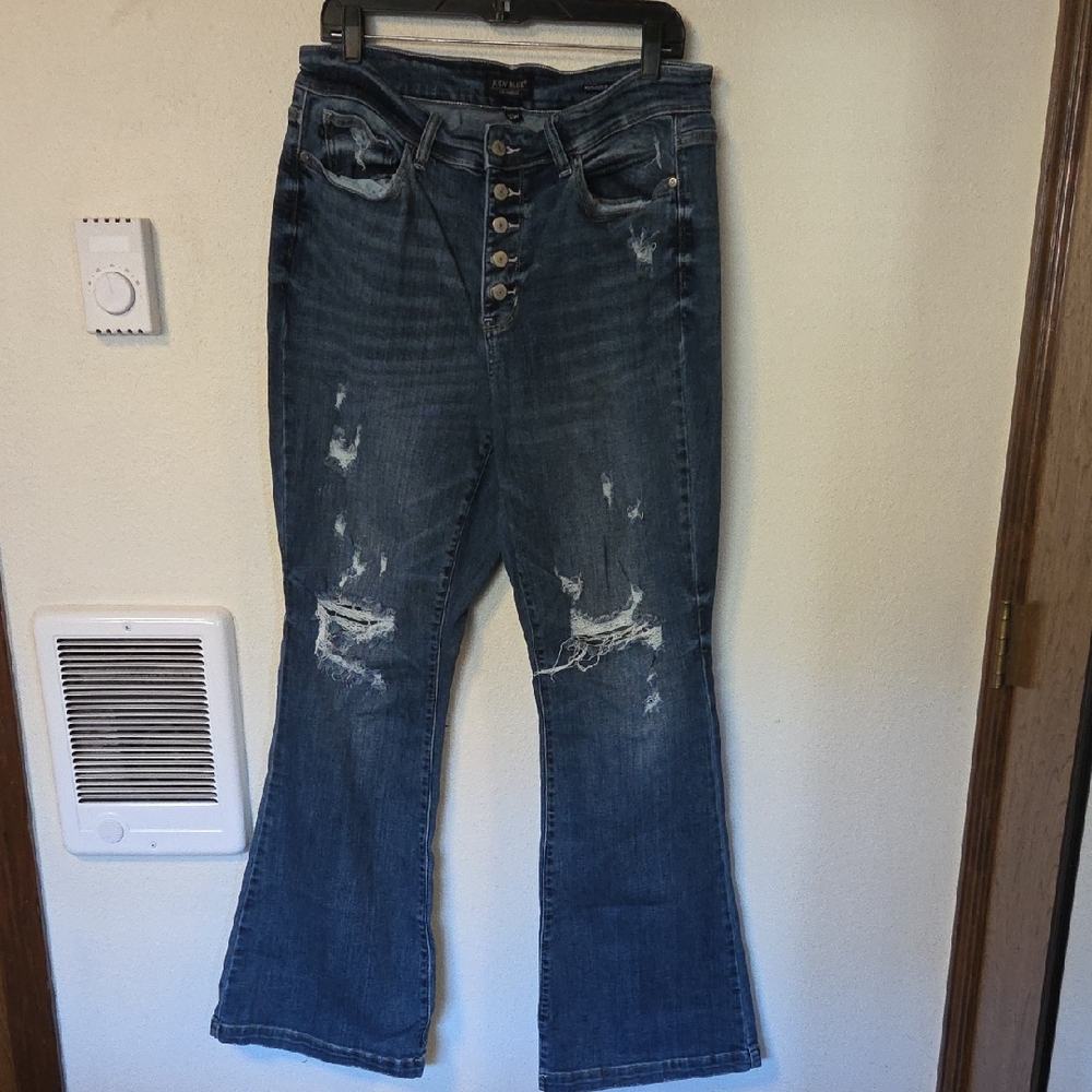 Judy Blue Jeans Women Flare Distressed Stretch Trouser Denim Button Fly